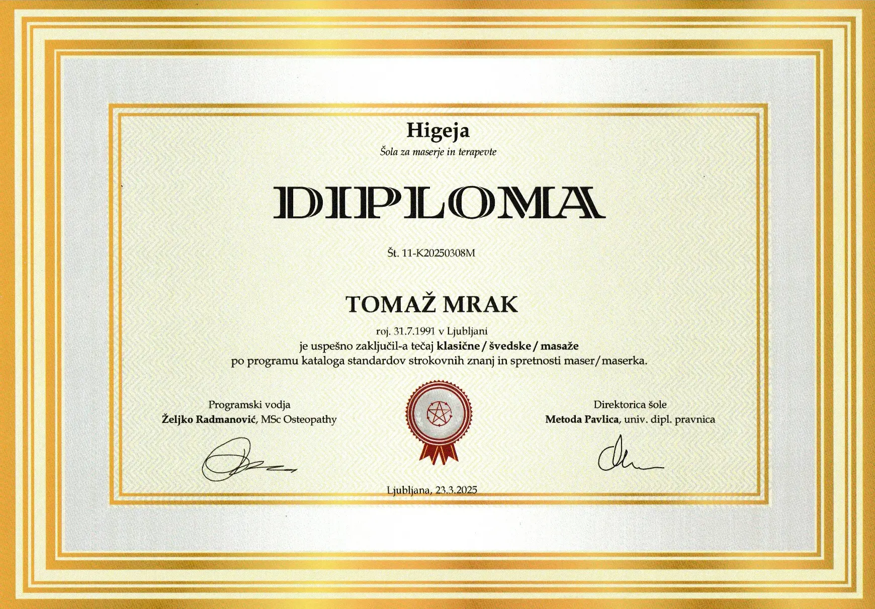Diploma uspešno opravljenega tečaja klasične masaže. Tomaž Mrak - Remedus
