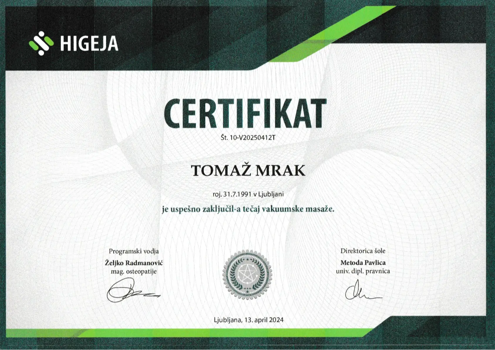 Certifikat za uspešno opravljen tečaj vakuumske masaže. Tomaž Mrak - Remedus