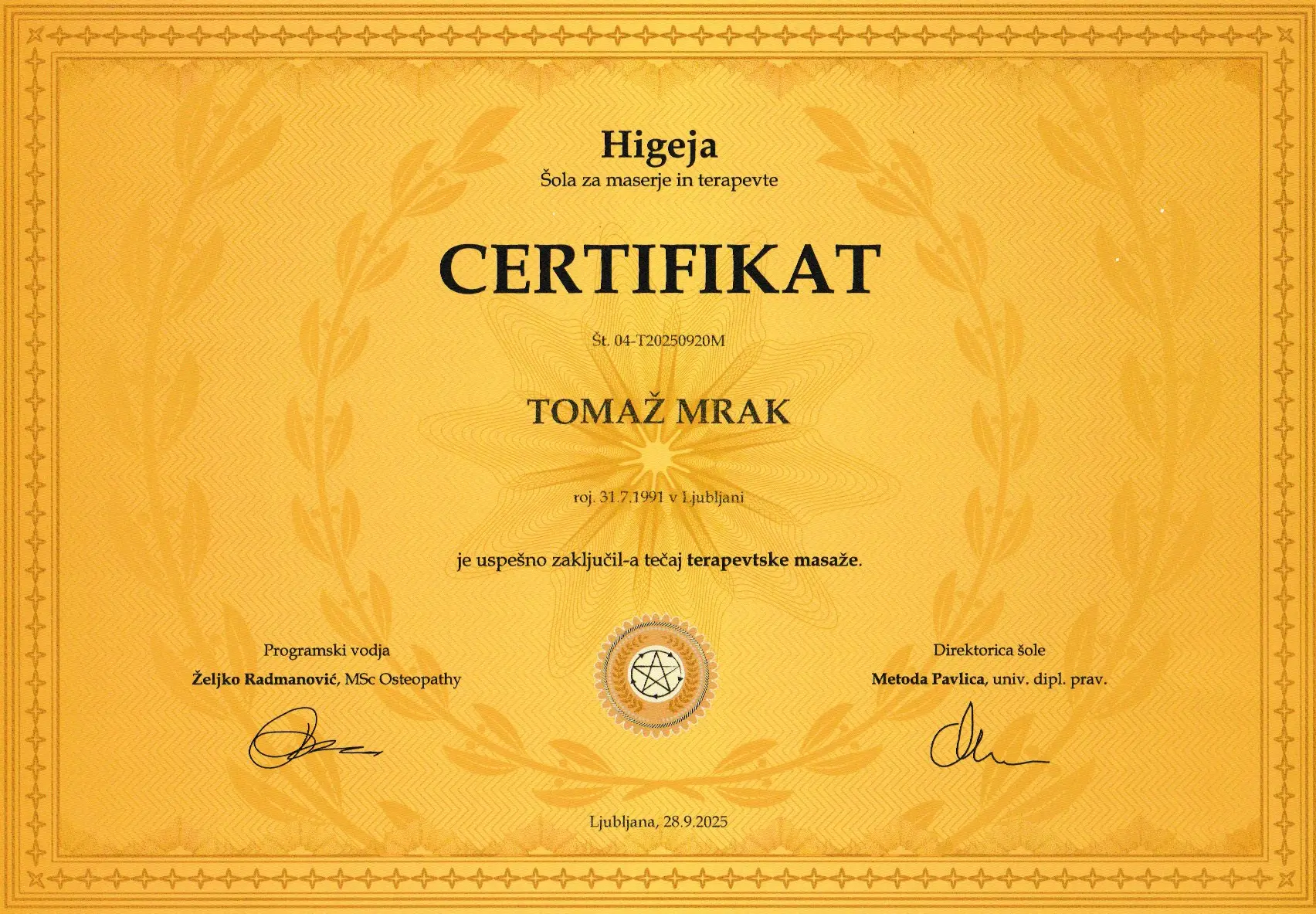 Certifikat za uspešno opravljen tečaj terapevtske masaže. Tomaž Mrak - Remedus
