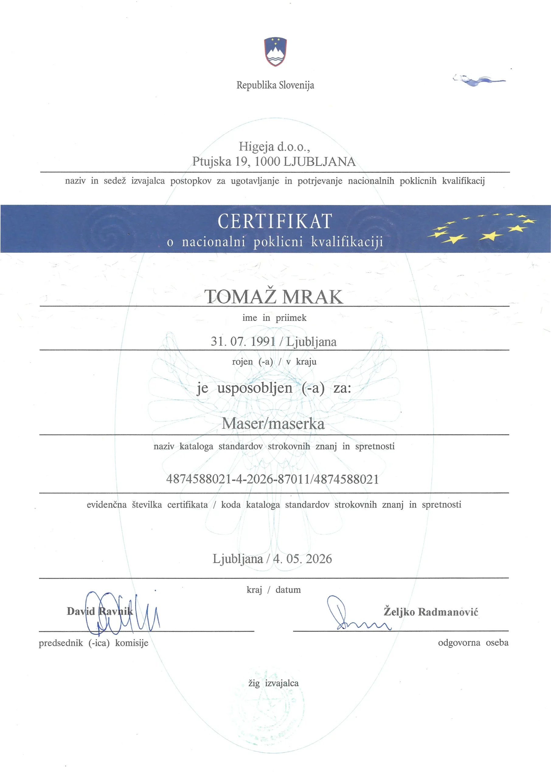 Nacionalna poklicna kvalifikacija - maser. Tomaž Mrak - Remedus
